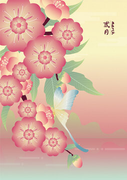 月份矢量插画樱花蝴蝶