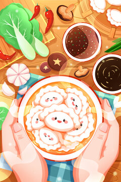 中国传统习俗吃饺子竖图插画