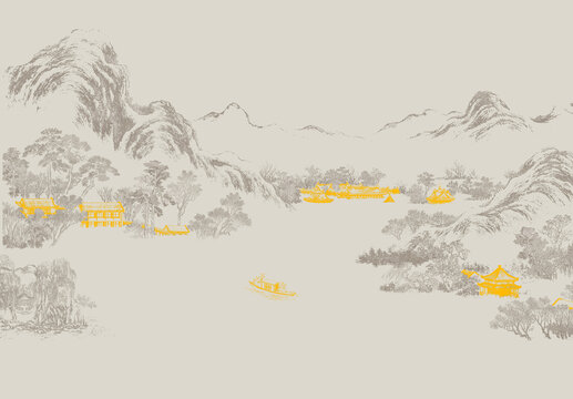 中式线描山水背景