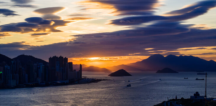 香港傍晚晚霞航拍全景