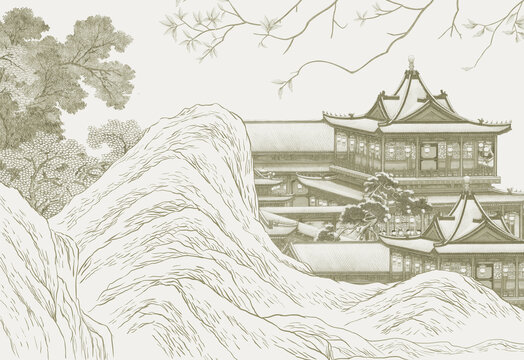 亭台楼阁树枝背景墙山水画