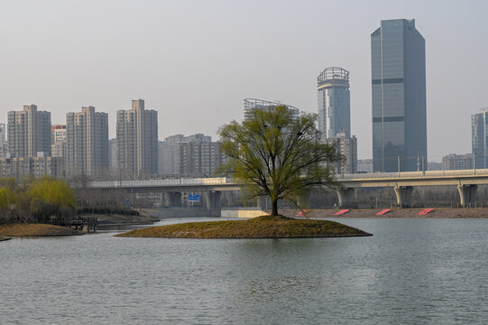 中国开封西湖大桥楼群建筑风光