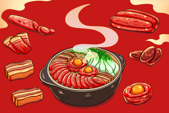 国潮腊肠腊肉煲仔饭食品包装插画