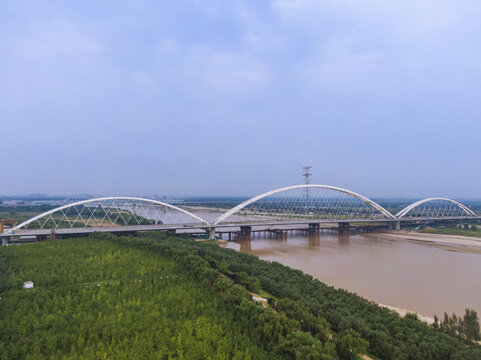山东济南黄河齐鲁大桥航拍