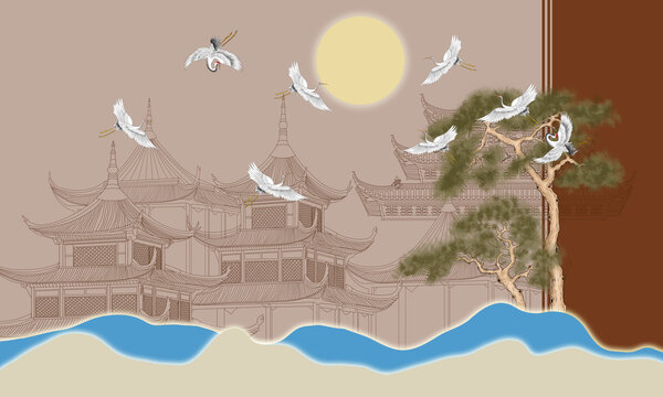 高端描线古建筑