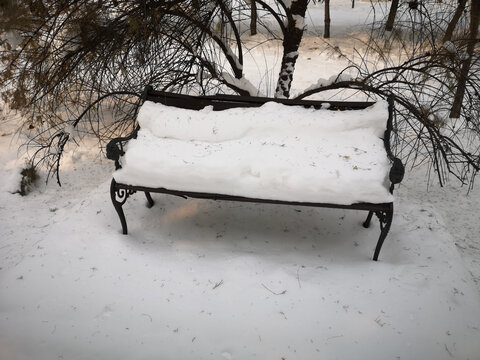 公园凳子上的雪