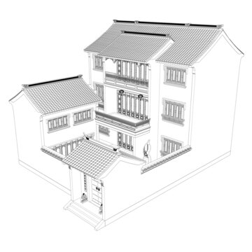 中式住宅鸟瞰线稿