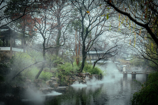 拙政园，冬雪雨