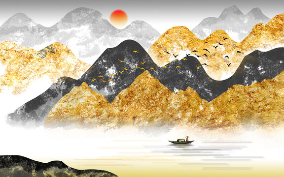 中式金色山水画