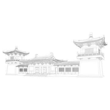 唐风寺院轴测线稿