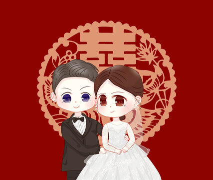 Q版人物婚纱照插画设计