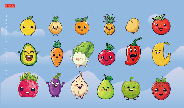 可爱的卡通水果蔬菜矢量图