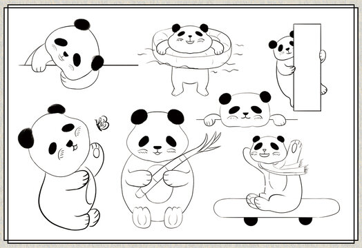 手绘可爱熊猫线稿
