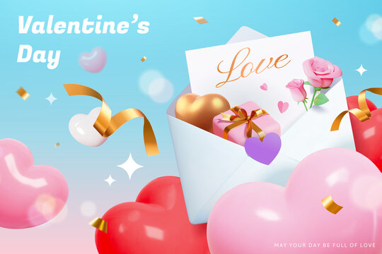 三维情人节浪漫情信与爱心气球