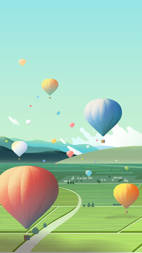 热气球嘉年华与美丽农田景色手机壁纸