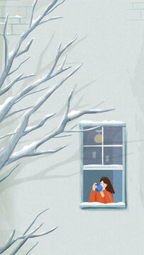 冬季在窗边喝热可可的女孩手机壁纸