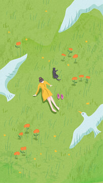 春天草原上悠闲放松的女孩与猫咪手机壁纸