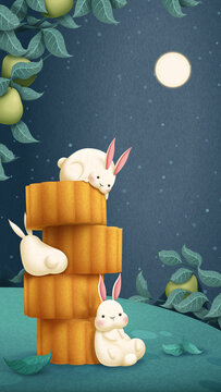 满月下的白兔与中秋月饼 手绘感手机壁纸