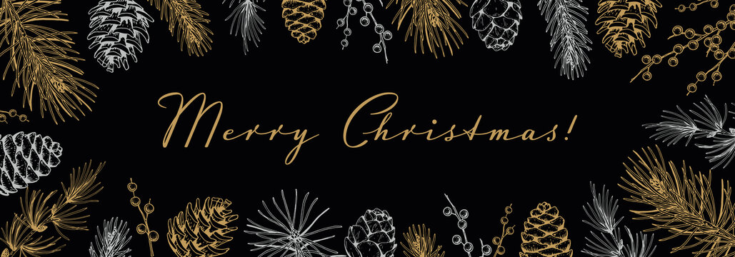 圣诞节素描横幅 金色常青树枝和松果装饰