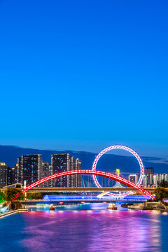 中国天津海河天津眼城市建筑夜景