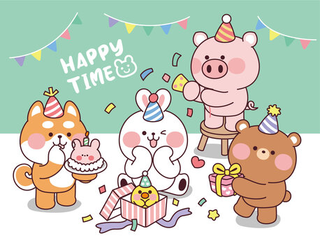 可爱卡通插画兔子开心的生日会