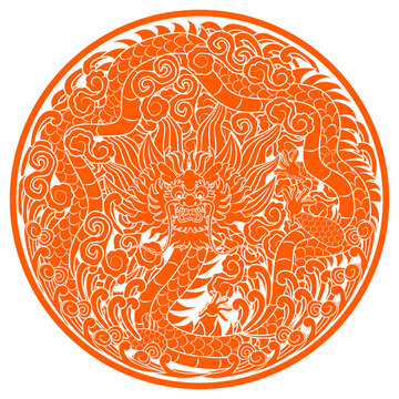 中国龙团花纹浮雕吉祥图案矢量