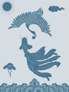 中式纹样鹤和鱼吉祥图案