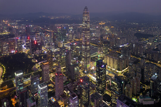 深圳福田中心区航拍城市风光夜景