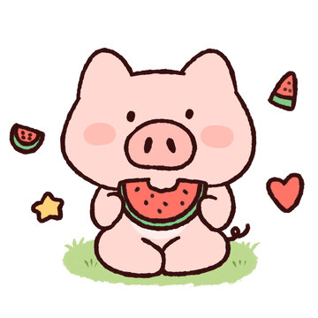 可爱卡通小猪吃西瓜
