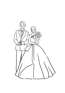 白色婚礼夫妇黑白线描素材