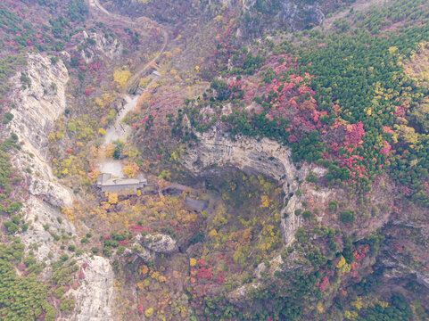 山东济南龙洞景区秋色航拍