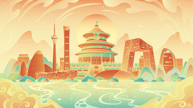 北京城市地标建筑国潮风矢量插画