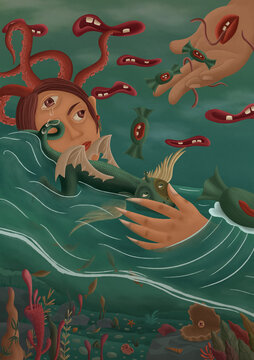 海洋保护动物超现实复古插画海报