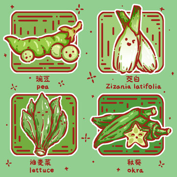 Q版蔬菜豌豆茭白油麦菜秋葵配字
