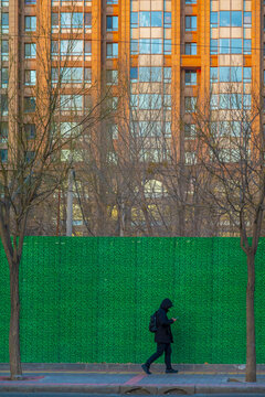 冬季早晨工地绿墙边的行人