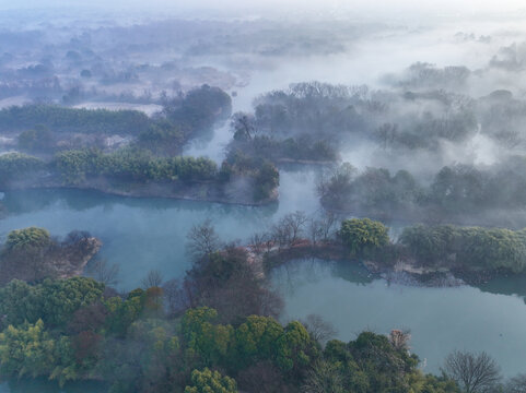 云雾下的杭州西溪显地公园