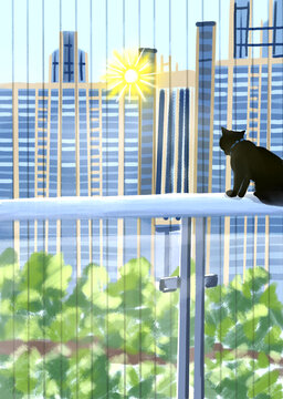 阳光早晨城市窗外猫咪手绘插图