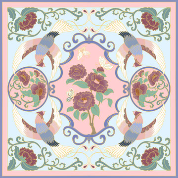 绶带茶花图案设计丝巾