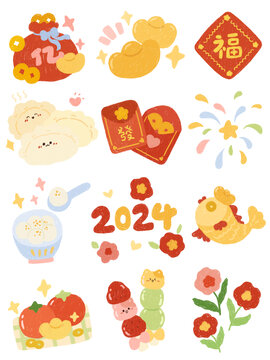 新年元素红包饺子贴纸插画