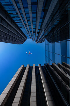 飞机飞过城市高楼