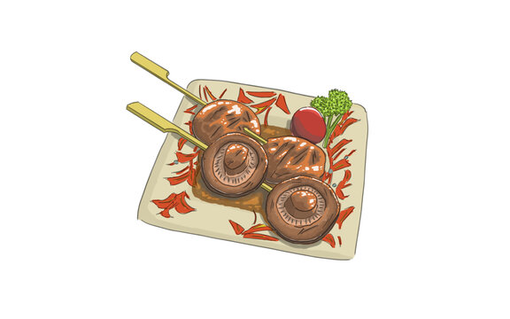 日式烧鸟蘑菇串烧手绘美食插画
