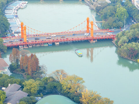 航拍桂林市两江四湖桂湖丽泽桥