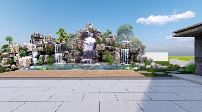 中式庭院假山设计方案效果图