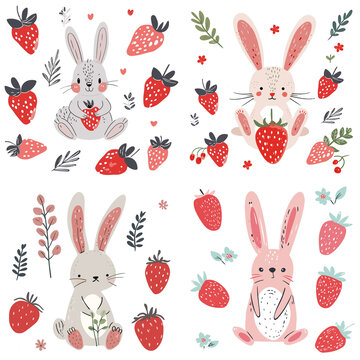可爱兔子草莓插画