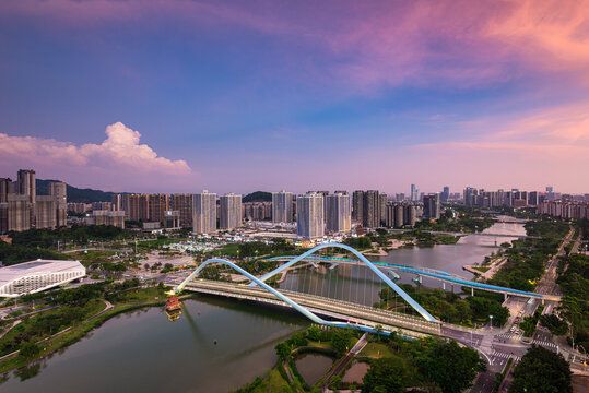 广州南沙蕉门河车行桥晚霞风景