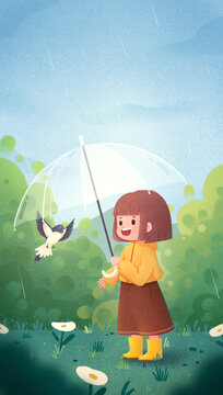 雨中女孩和小鸟撑着伞节气插画