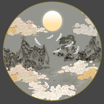 中国风圆形山水画