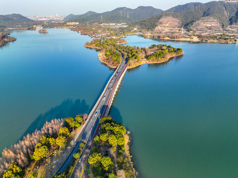 航拍下的萧山湘湖景区风光