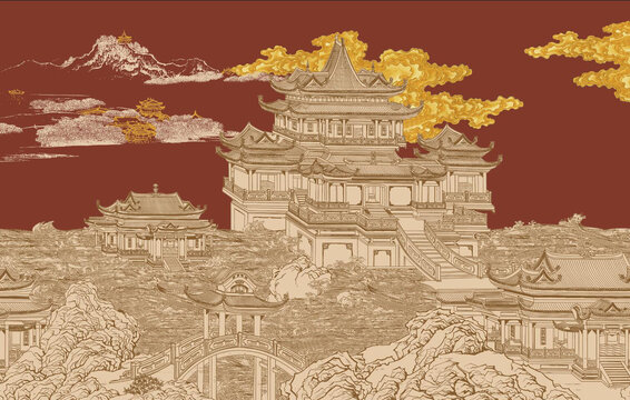 新中式线描山水阁楼壁纸电视背景