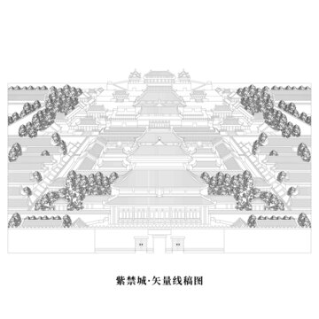 紫禁城全景平面矢量线稿图